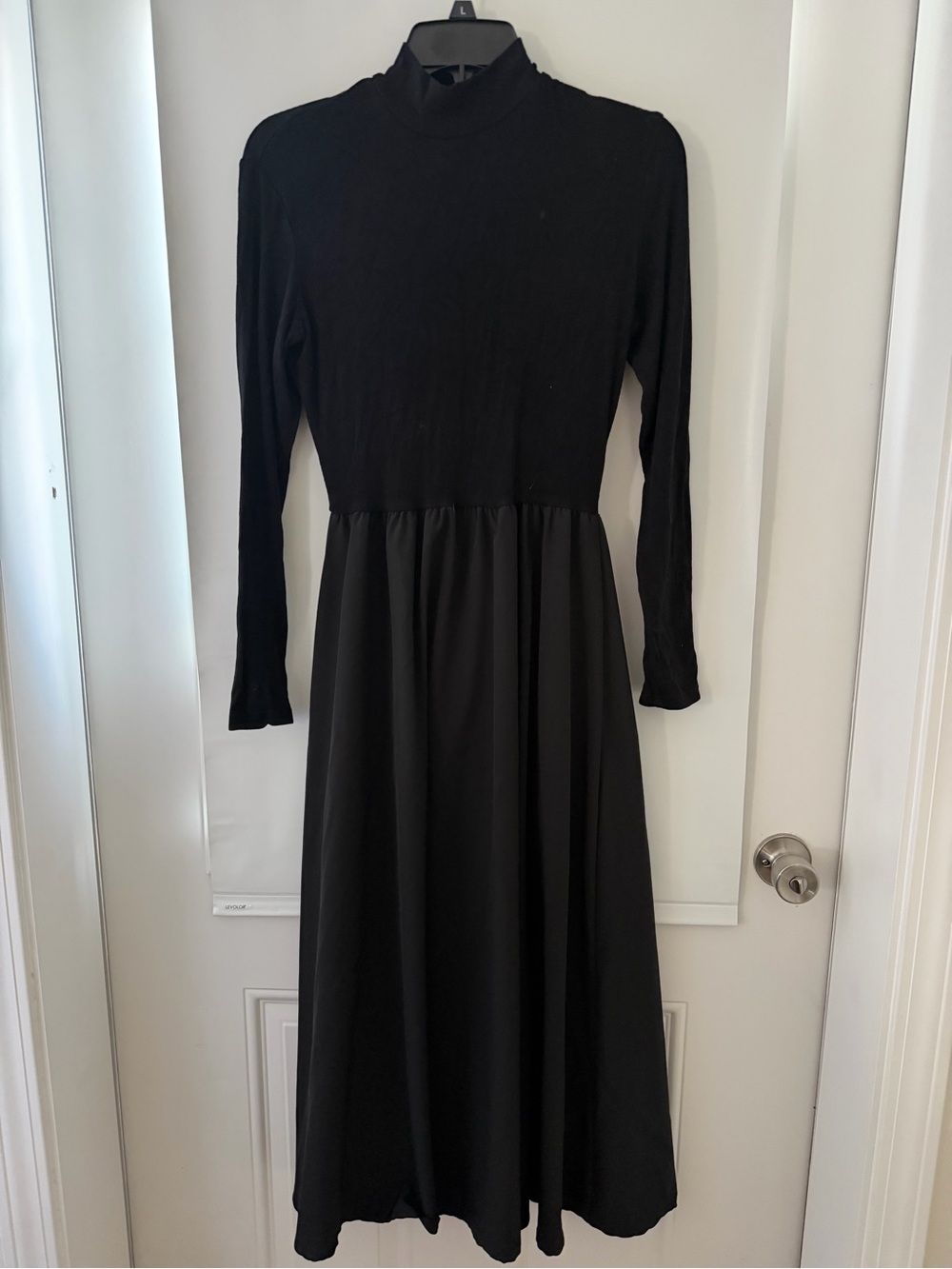 Classic Black Long-Sleeve Midi Dress with High Neck